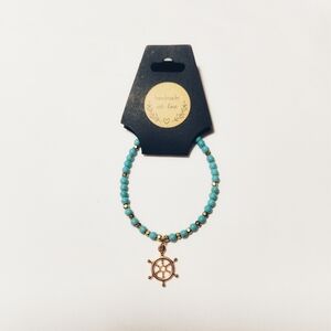 Handmade Turquoise Beaded Bracelet with Gold Ship Wheel Charm